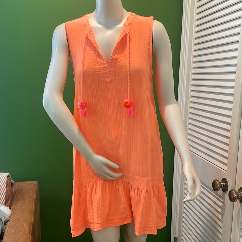 Vineyard Vines Vibrant Orange Cotton Gauze Ruffled-hem Sleeveless Dress